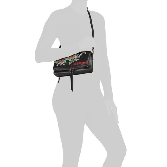 ED HARDY Black Multi Foldover Crossbody With Flower Detail - Picture 2 of 2